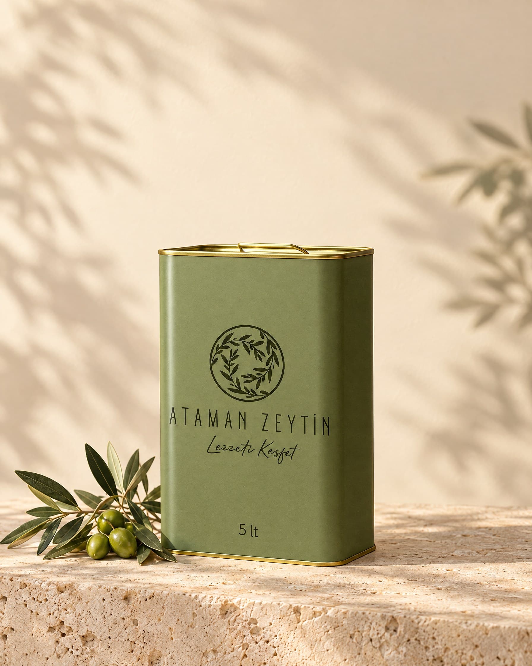 Ataman Zeytin 5 litrelik zeytin yeşili teneke, traverten taş üzerinde zeytin dalı ile